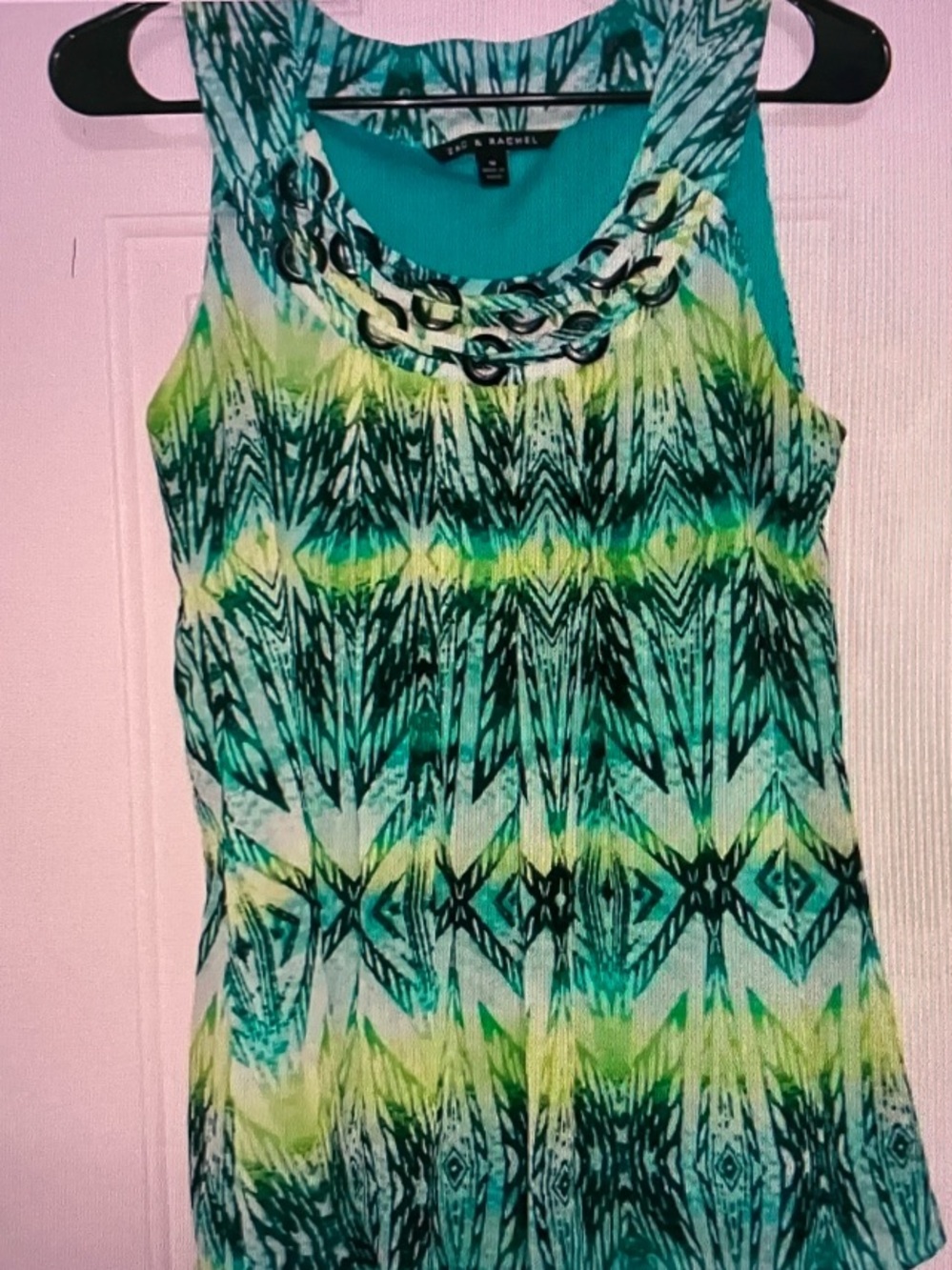 Zac & Rachel Teal, Yellow & Black Printed Chain-Accent Tank